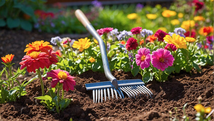 A garden rake resting in freshly tilled soil, surrounded by an array of colorful flowers in full bloom.