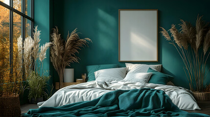 Wall Mural - Cozy bedroom with teal accents and natural decor elements.