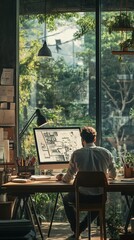 Wall Mural - Sunlit home office with large windows overlooking lush greenery, designer at work on drafting table, cozy interior blends with nature outside.