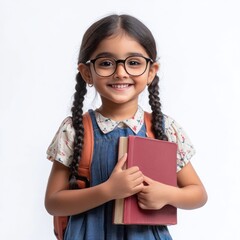 Wall Mural - A cute little indian girl in glasses has two braids student background backpack.