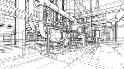 Sketch of industrial equipment. Wire-frame style. 3d illustration