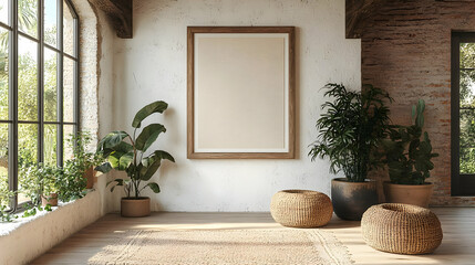 Wall Mural - Bright, modern interior with plants and empty frame for artwork.