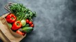 © Maria Mikhaylichenko - Fresh organic vegetables spilling out of a brown paper bag on a textured gray background, showcasing vibrant colors and healthy eating choices.