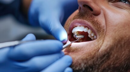 Wall Mural - A focus on a patient's teeth health during dental care involves the dentist's tools and professional hygiene techniques, ensuring deep oral cleanliness practices.