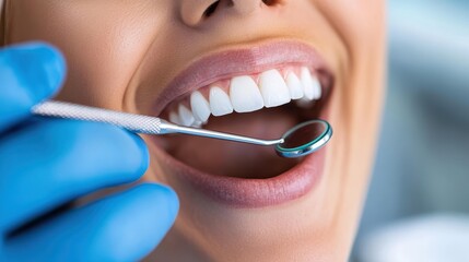 A smiling patient during a dentist appointment showing a close-up of the dental tools in use, emphasizing care, hygiene, and comfort in oral health practice.