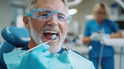 Wall Mural - a senior dental patient is shown receiving oral health care in a clinical environment, emphasizing c