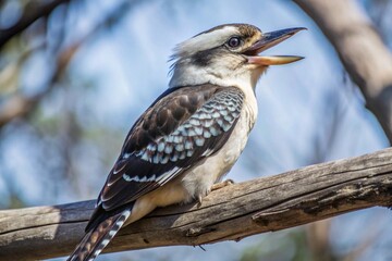 Photograph a kookaburra perched on a branch, its beak wide open in a joyful call against a clear blue sky.
