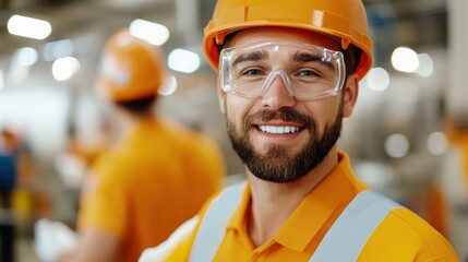 A cheerful construction worker in orange safety gear and helmet confidently smiles, reflecting safety in the workplace and the pride found in hard work.