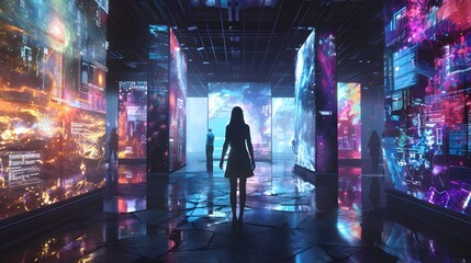 Poster - immersive digital art gallery with futuristic augmented reality exhibits