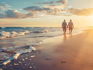 Canvas Print - Retired Couple Strolling Hand in Hand Along the Peaceful Sunset Beach