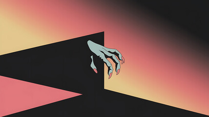 A hand with pink nails reaching out from a black shadow against a pink and yellow gradient background, conveying a sense of mystery and suspense. 
