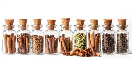 Collection of glass spice bottles filled with cardamom, nutmeg, and cinnamon sticks, arranged neatly on a white backdrop. No people.