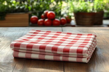 Red checkered napkin on a rustic wooden table with copy space for placing your text or product. Italian, homemade, traditional kitchen - generative ai