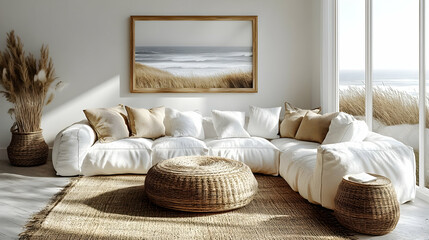 Sticker - Cozy living room with natural decor and ocean view.