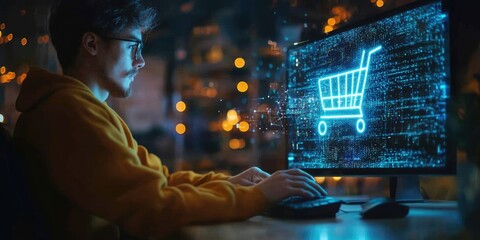 Software developer working with online shopping cart icon hologram on computer