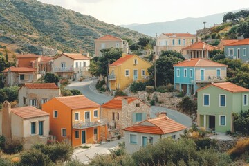 Picturesque greek village showing traditional island architecture with colorful houses