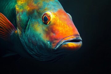 Mystic portrait of Bumphead Parrotfish, copy space on right side, Close-up View, isolated on black background