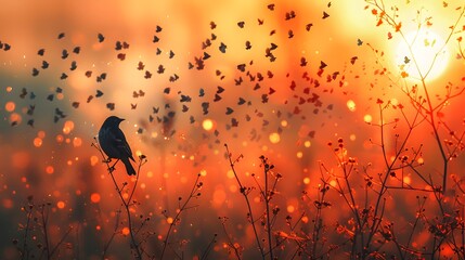 Wall Mural - Serene Sunset with a Bird Silhouette Amidst a Flurry of Butterflies