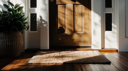 Canvas Print - Sunlight filters through the entrance, casting serene shadows on the door and inviting calm into the cozy home.