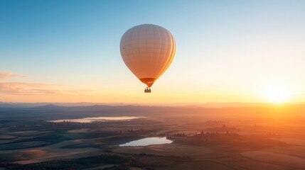 A lone hot air balloon peacefully soars over a stunning, expansive valley at sunset, capturing a serene and breathtaking view of the landscape below.