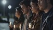 © VK Studio - Four individuals hold candles in a solemn gathering under the night sky, their faces lit by the gentle flicker of hope and remembrance.