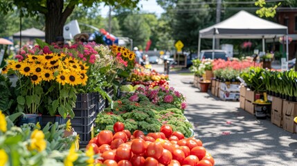 Lively farmer s market showcasing fresh fruits, vegetables, and colorful blossoms