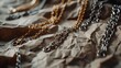 © VK Studio - Interwoven gold and silver chains lie elegantly on crumpled brown paper, showcasing intricate craftsmanship and contrasting metallic hues.