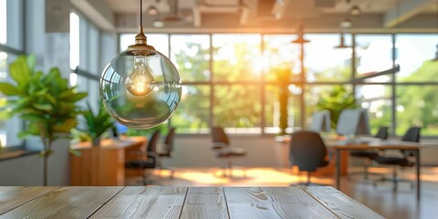 Wall Mural - A contemporary open-plan office space bathed in natural sunlight, featuring modern furnishings, lush indoor plants, and a stylish glass light fixture