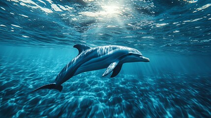 a dolphin swimming in the ocean with the sun shining above