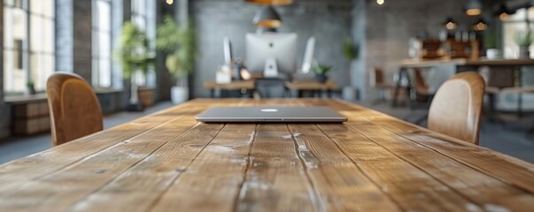 Wall Mural - Modern open-plan office space with wooden desks, ergonomic chairs, indoor plants, large windows with natural light, and contemporary design featuring a laptop on the center desk
