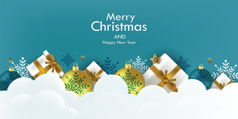 Wall Mural - Merry Christmas and Happy New Year background with Gift box, Ball and snowflakes decoration