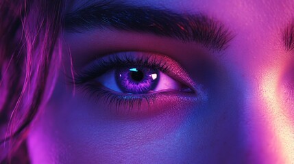 Wall Mural - A woman's eye is shown in a purple and pink light