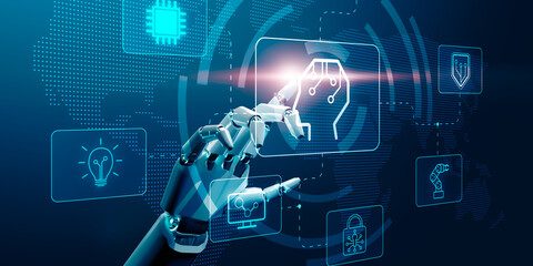 Ai robot futuristic artificial intelligence technology world development concept, computer tech machine learning data info security innovation creative idea, graphic icon illustration blue background