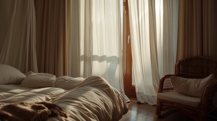 Sticker - Soft light filters through sheer curtains into a cozy bedroom with a plush bed and a woven chair, creating an intimate and tranquil morning atmosphere.