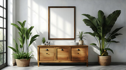 Sticker - Modern interior with wooden furniture, plants, and a blank mirror.