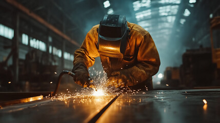 Workers wear a uniform and an industrial mask to prevent sparks from welding iron.