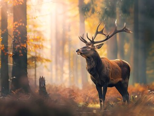 Sticker - Majestic Stag Standing Amidst Foggy Autumn Forest Sunlight Filtering Through Trees