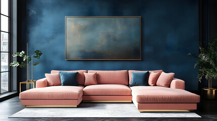 Poster - Modern living room with a pink sectional sofa and blue wall art.