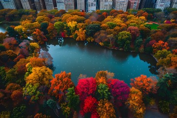 Wall Mural - Aerial View of Vibrant Autumn Foliage Surrounding a Serene Lake in the City