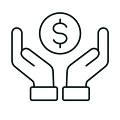 Hands holding a dollar coin. Finance, donation, charity, saving money concept. Hand with cash line icon for web and mobile. White background. Editable vector stroke. Pixel Perfect.