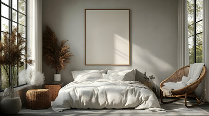 Poster - Cozy bedroom with natural light and minimalistic decor.