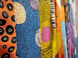 African print fabrics hanging in a store close-up