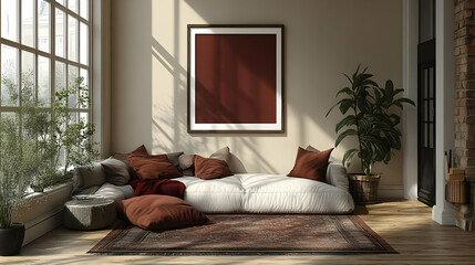 Poster - Cozy living space with cushions, plants, and artwork.