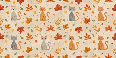 Minimalist seamless cats pattern with autumn leaves on speckled background, minimalist, seamless, cats, pattern, autumn