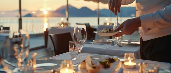 An intimate dinner setting with a seaside backdrop at sunset, delicately arranged dishes ready for an exquisite meal.