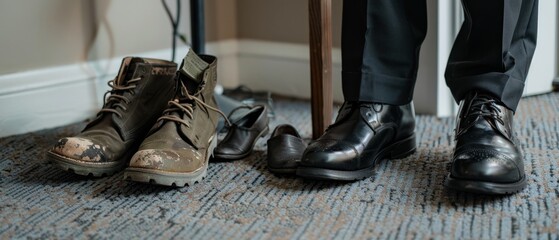 A man’s choice between rugged, worn boots and polished black shoes becomes a symbolic decision, with a hint of personality and occupation.