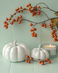 Wall Mural - Autumn still life featuring rowan berries ceramic pumpkins and a candle on a light green wooden background