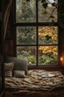 © StockUp - A rustic bedroom window opens to a beautiful view of colorful autumn leaves, evoking warmth and nostalgia.