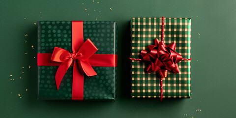 Wall Mural - Top view of Christmas gift boxes with red ribbon on green background