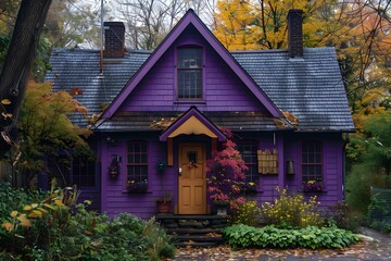 Canvas Print - Charming Purple Cottage Surrounded by Autumn Foliage